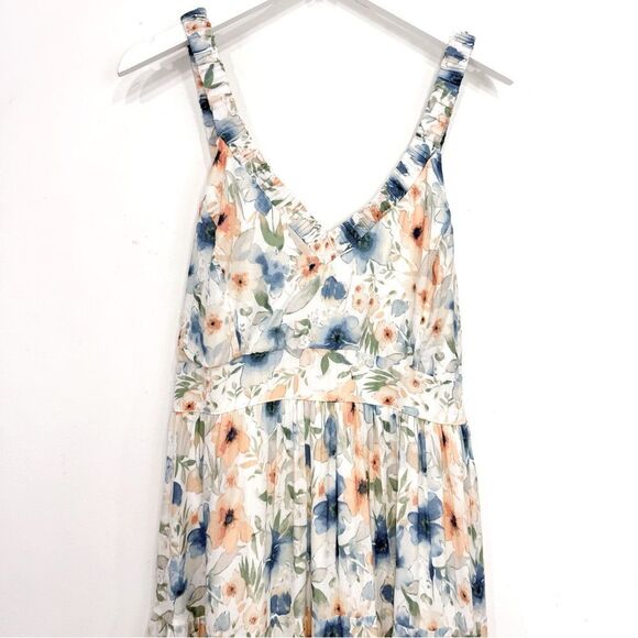 Penelope Rose White Blue Peach Floral V Neck Tiered Maxi Tank Dress NEW - Picture 2 of 16